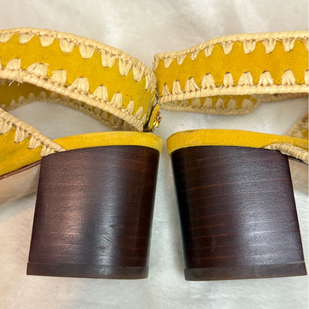 Tory Burch Yellow Raffia Suede Ankle Strap Sandals Block Heels Womens 6.5 - Picture 16 of 16